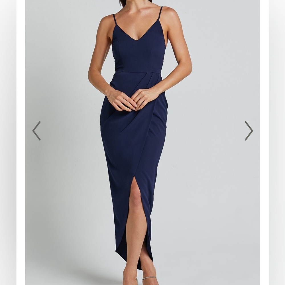 LUCKY DAY MIDI DRESS - V NECK DRAPE DRESS IN NAVY